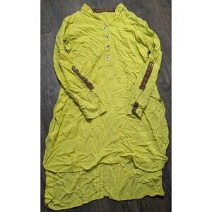 Base field Tunic Dress 38" Long 21" Bust Button Up Green/Yellow Tropical